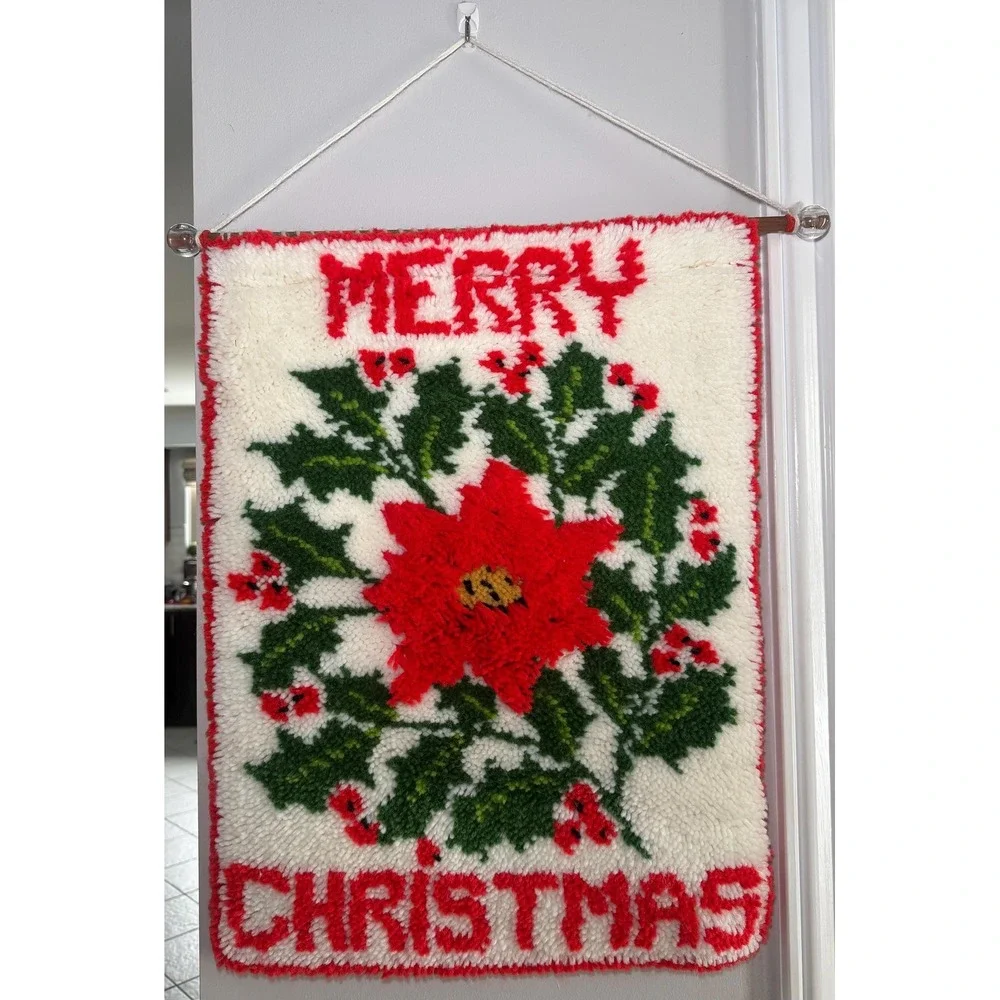 Vintage Cristmas Latch Hook Wall Hanging Merry Christmas Poinsettia Handmade